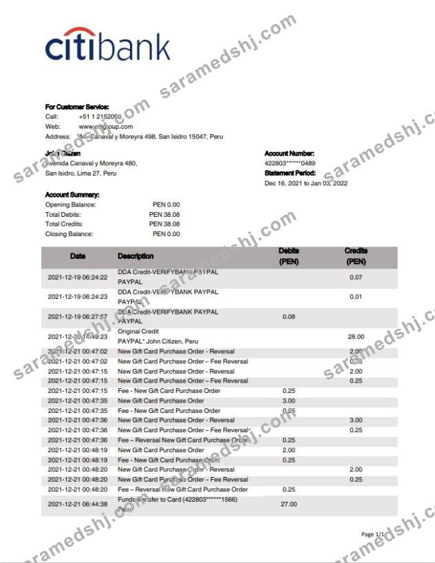 Peru Citibank bank statement